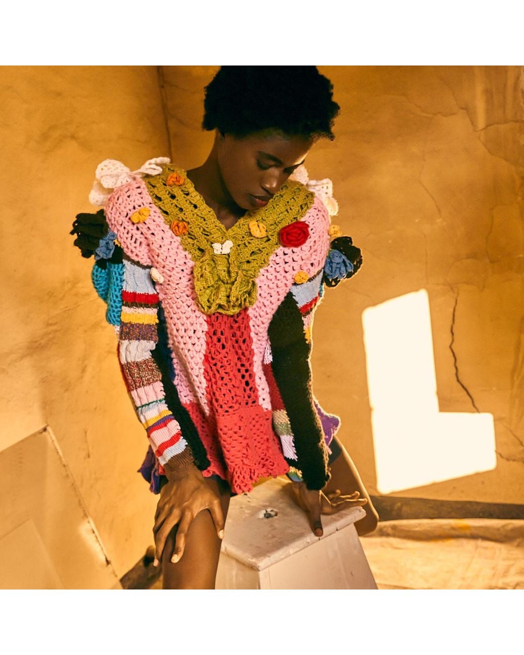 Miro Misljen Red Multicolour Hand-Knitted Patchwork Jumper