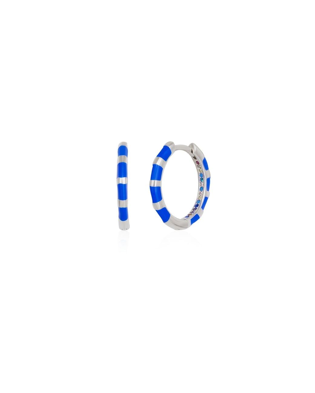 Spero London Blue Enamel Fine Stripe Sterling Hoop Earrings With Multi Color Zirconia Interior