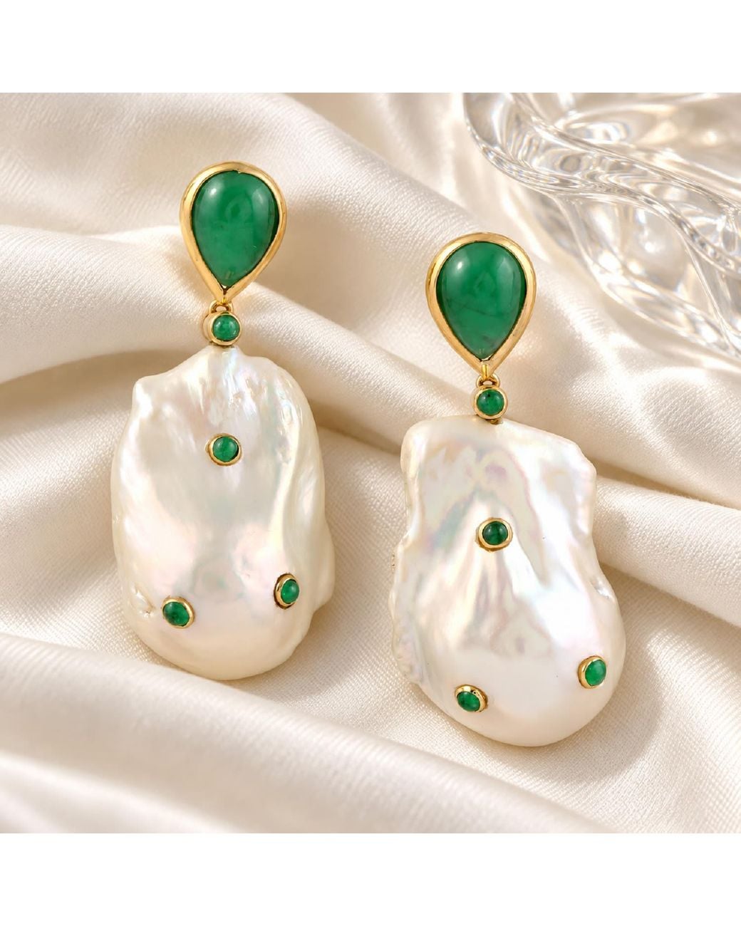 Artisan Green Natural Pearl & Emerald Pear Shape 18k Yellow Gold Dangle Earrings