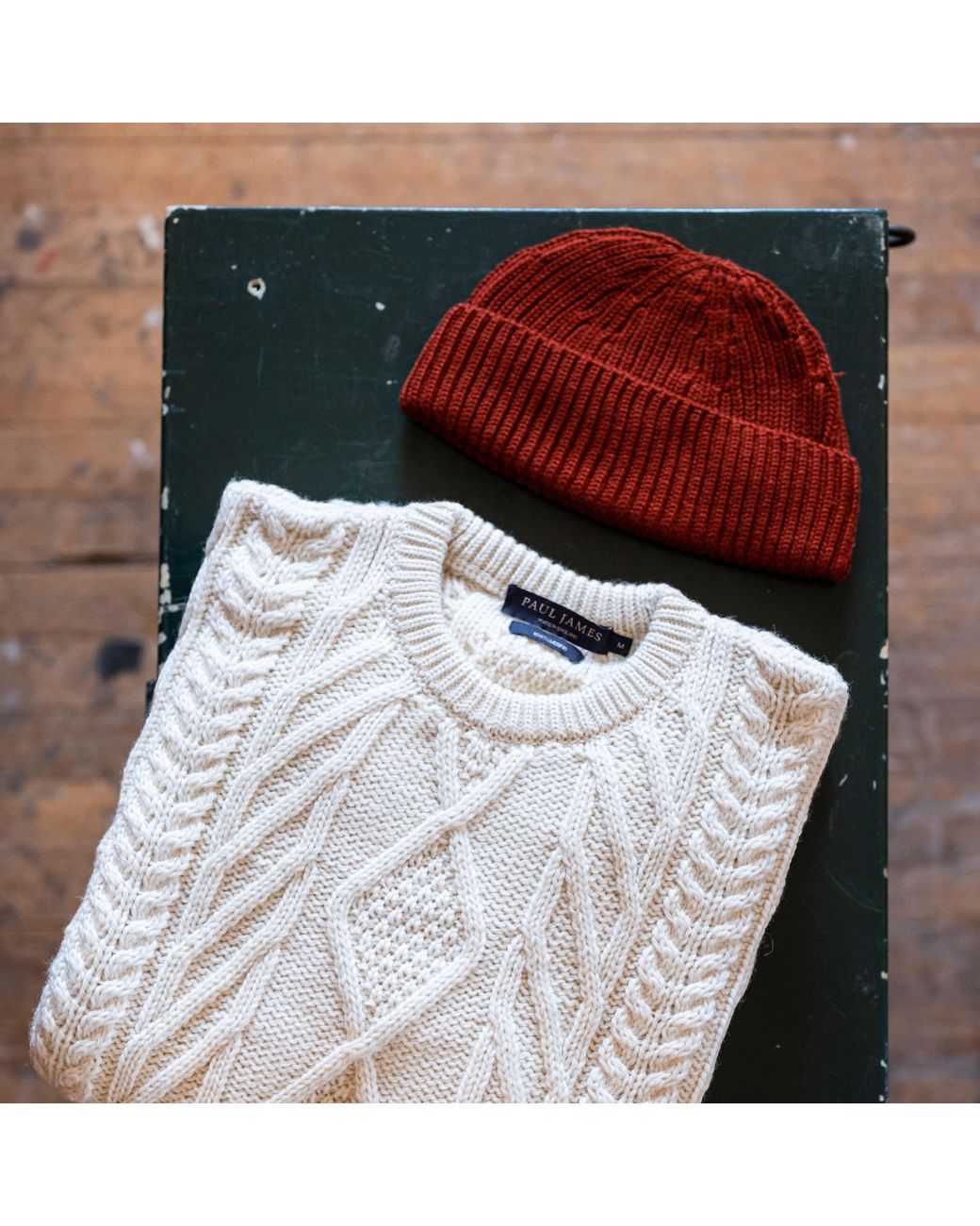 Paul James Knitwear Red Heavyweight Extra Fine Merino Caster Fisherman Beanie for men