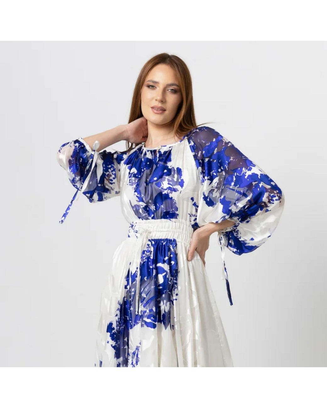 IZABELA MANDOIU Blue Printed Silk Midi Dress With Waist Tie