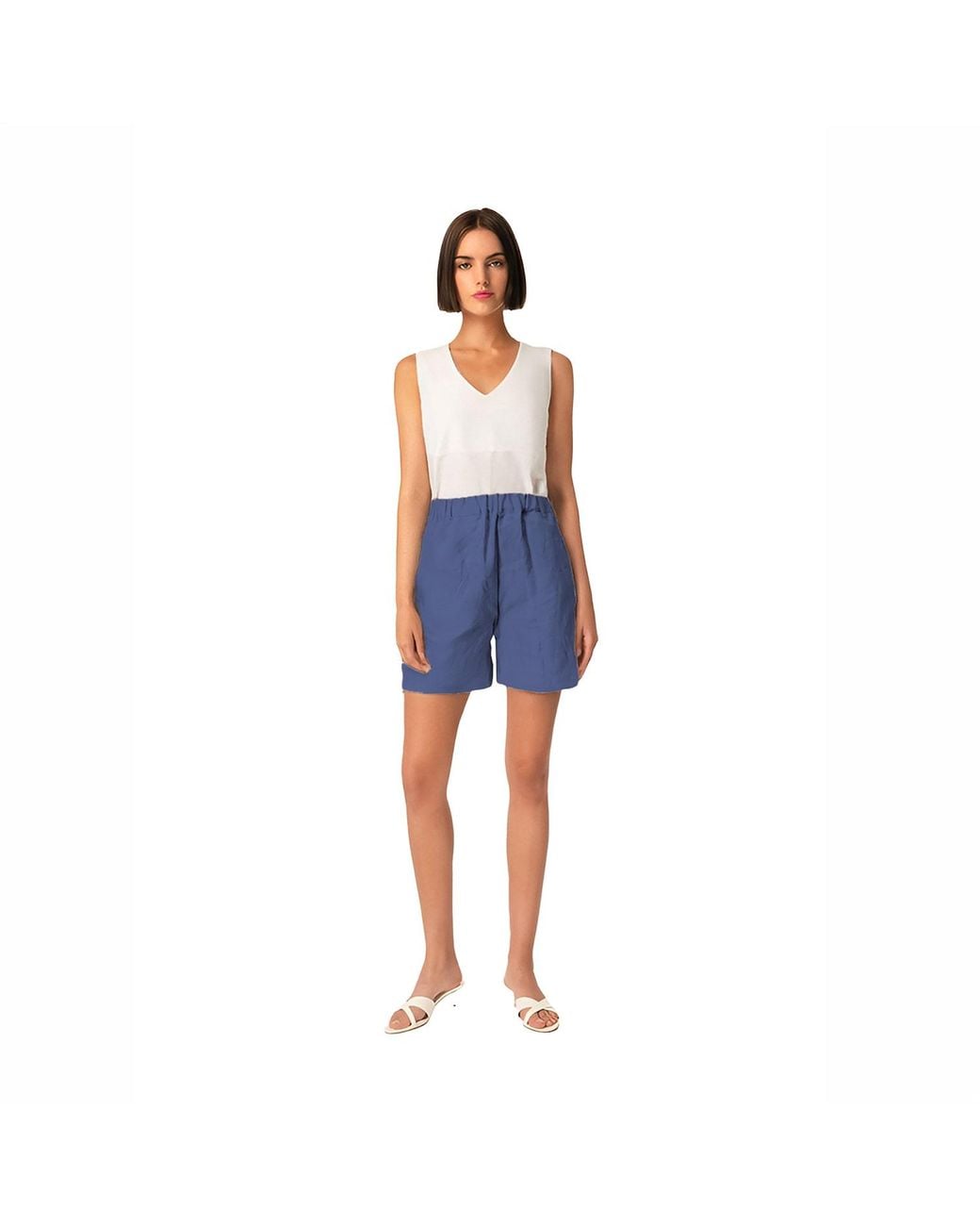 Haris Cotton Blue Linen Shorts With Elastic Waist