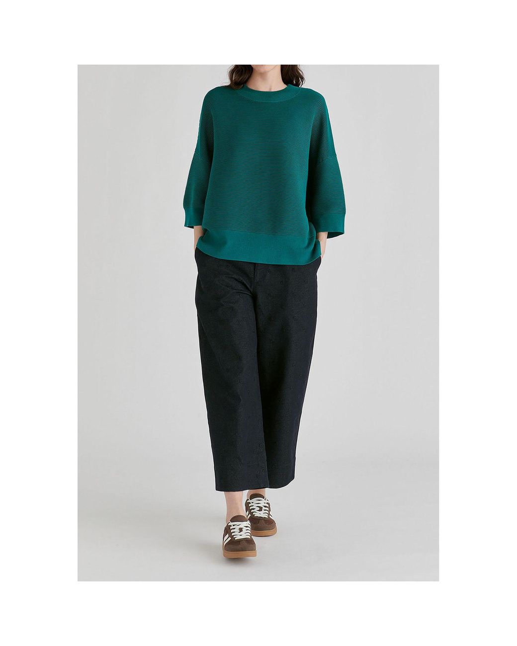 Paisie Green Mock Neck Cropped Sleeve Ribbed Jumper
