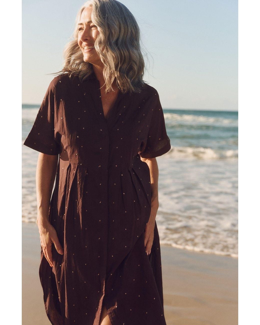 Adrift Clothing Brown Bridget Pleated Dress