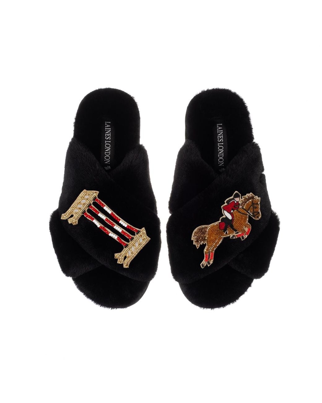 Laines London Black Embellished Faux Fur Cross-Strap Slippers