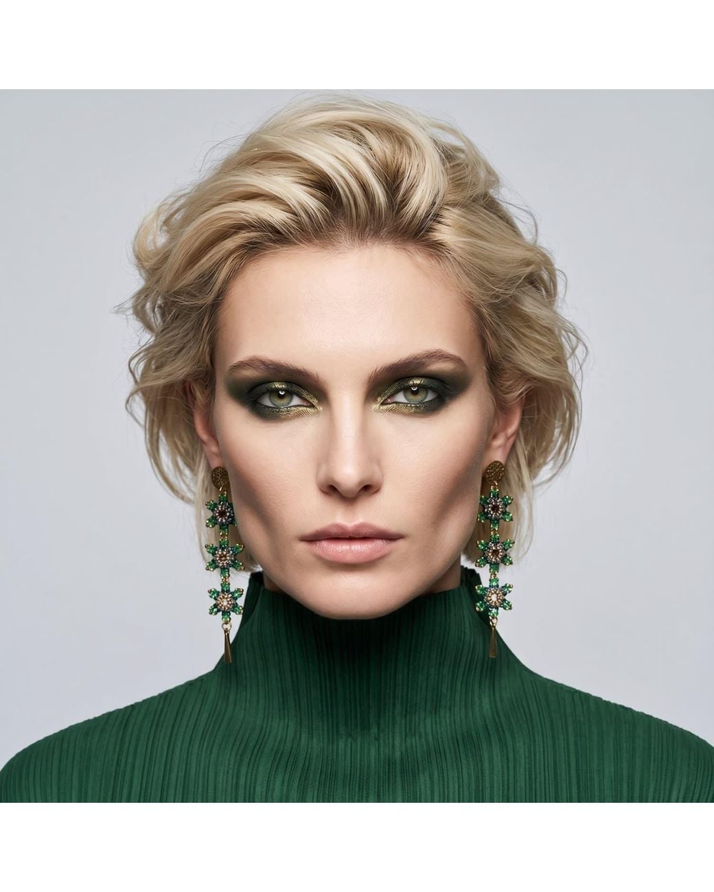 Iliana Arrazola Green Waterfall Blossom Three Flowers Dangle Earrings, Glass Beads, Beaded Jewelry