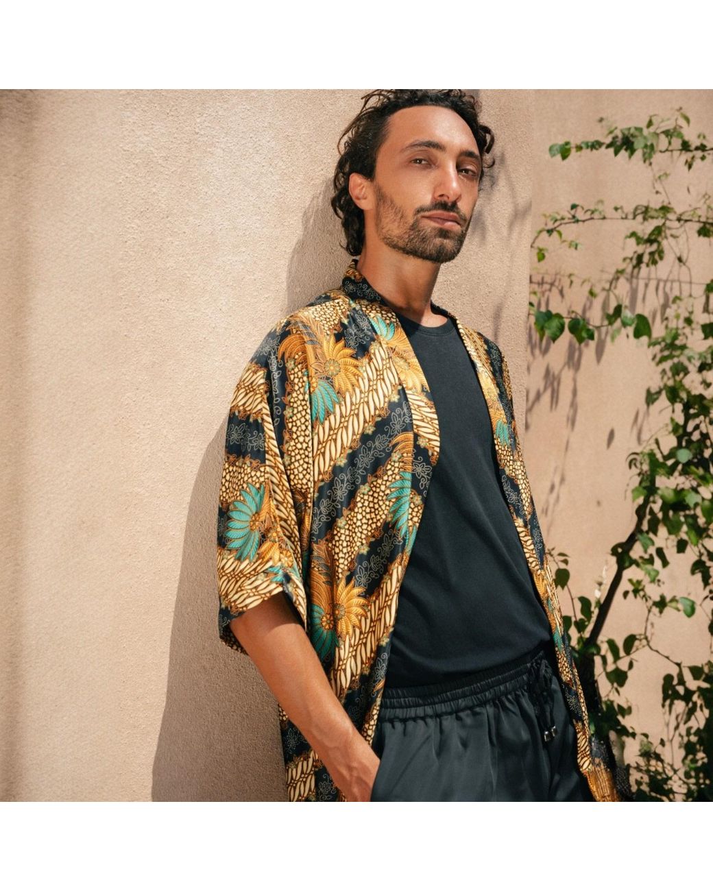 ORIGIN OF HEARTS Green Neutrals Nassau Resort Satin Kimono Shirt for men