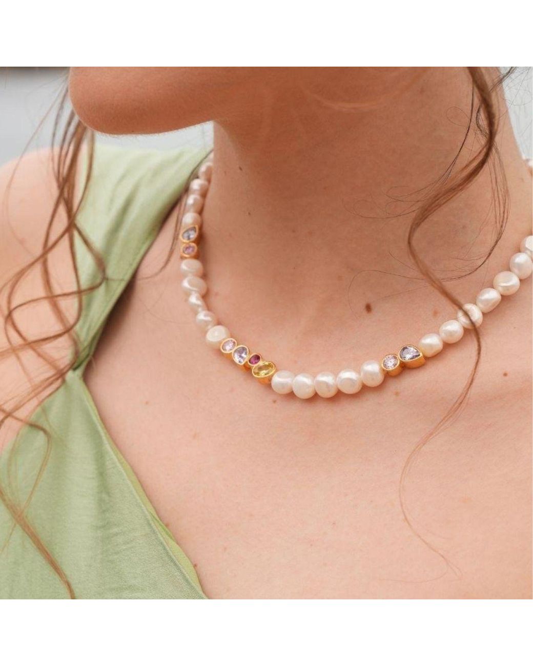 LINYA JEWELLERY Metallic Diana Colorful Stone Pearl Necklace