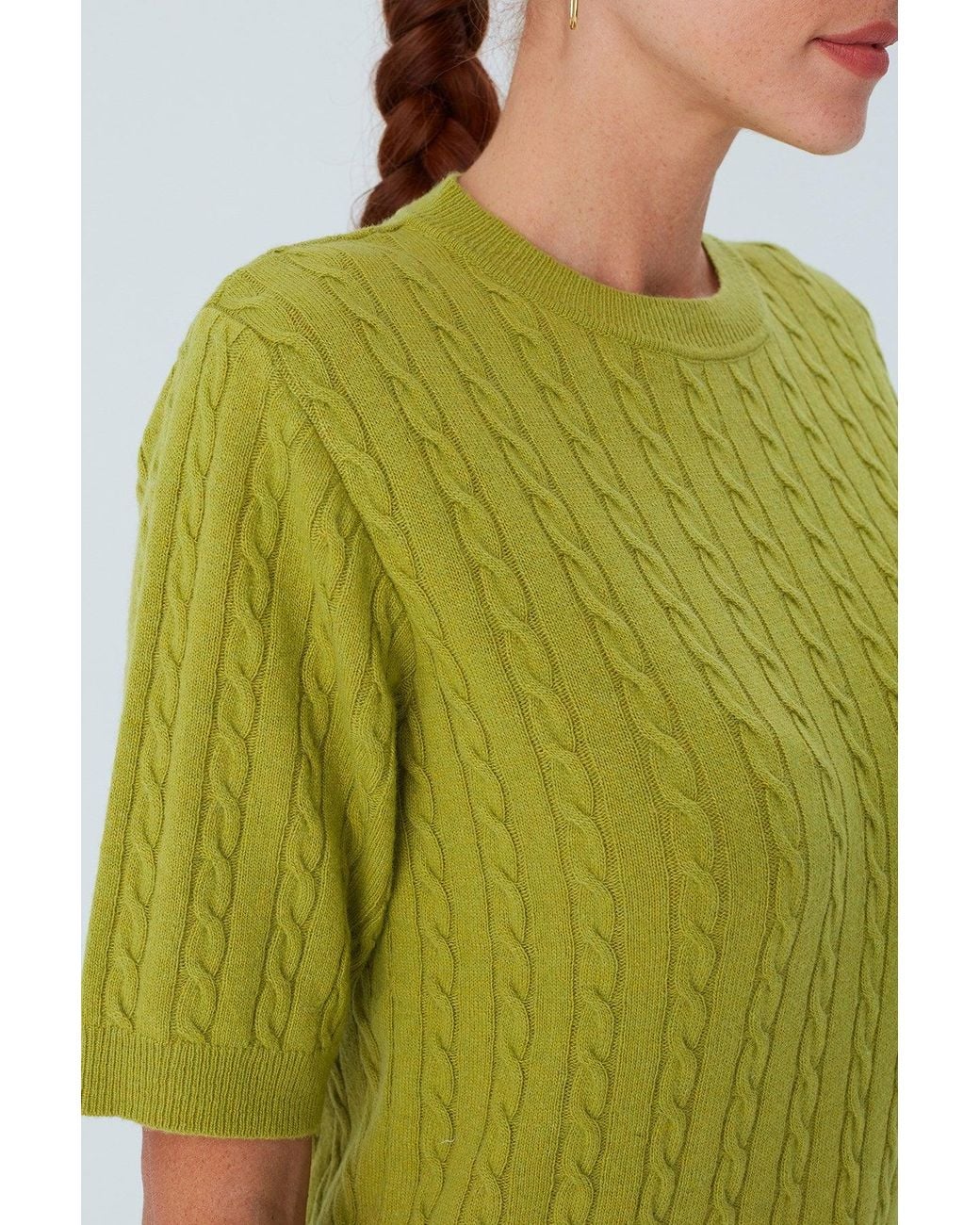 Peraluna Green Nicole Cable Knit Cashmere Blend Short Sleeve Blouse