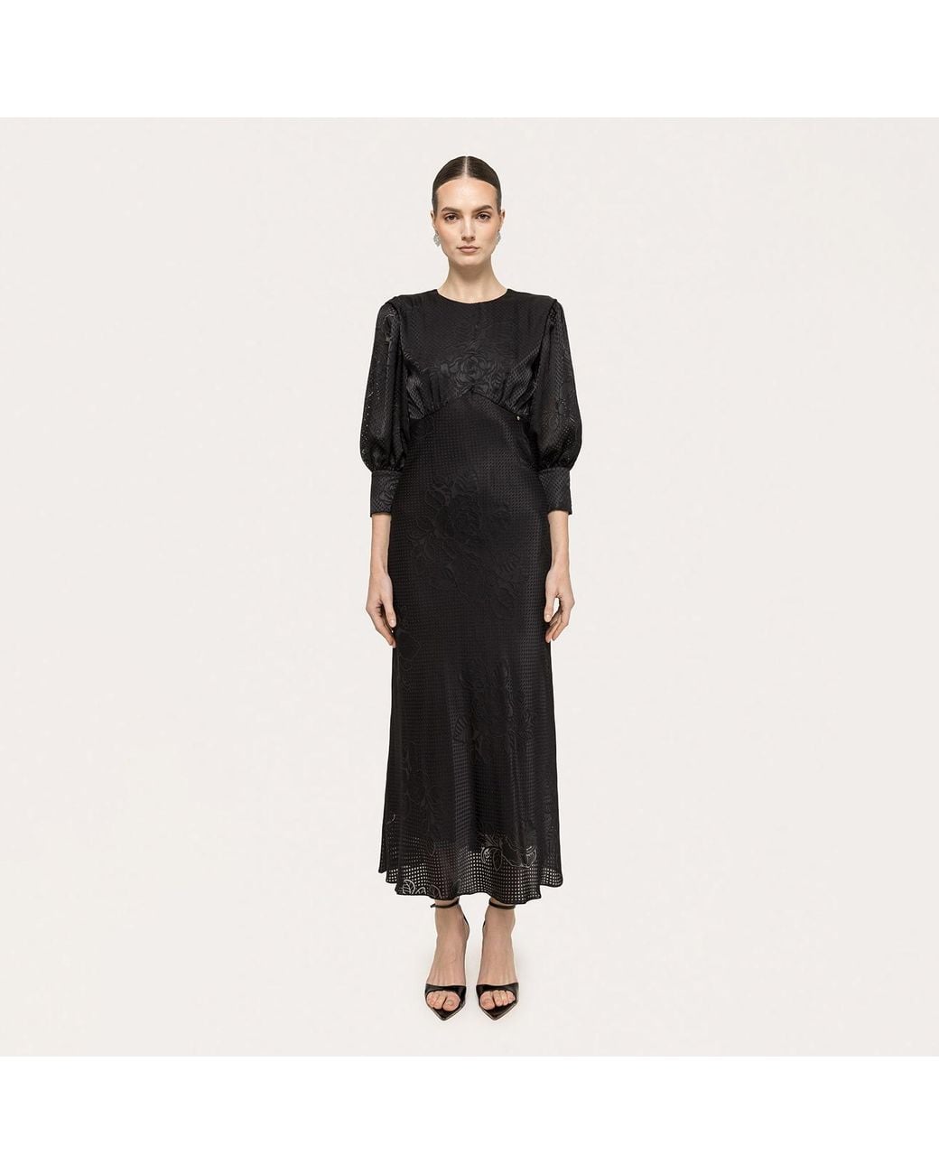 Nissa Black Puff-Sleeve Viscose Midi Dress