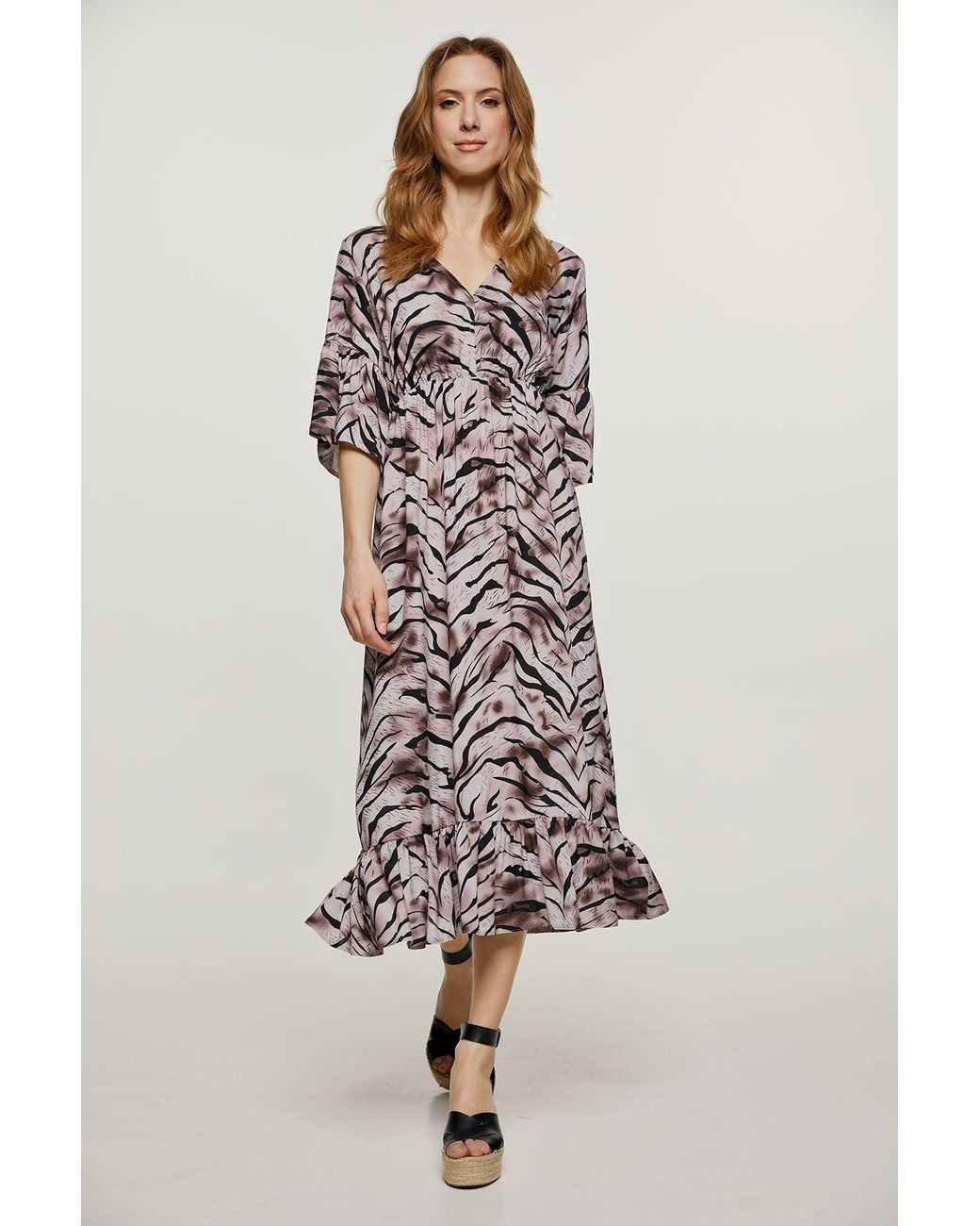 Conquista Multicolor Print Ruffle Detail Midi Dress