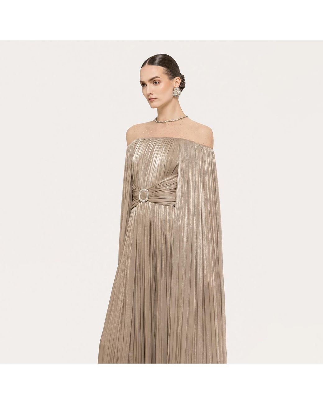 Nissa Natural Cape-Design Chiffon Maxi Dress