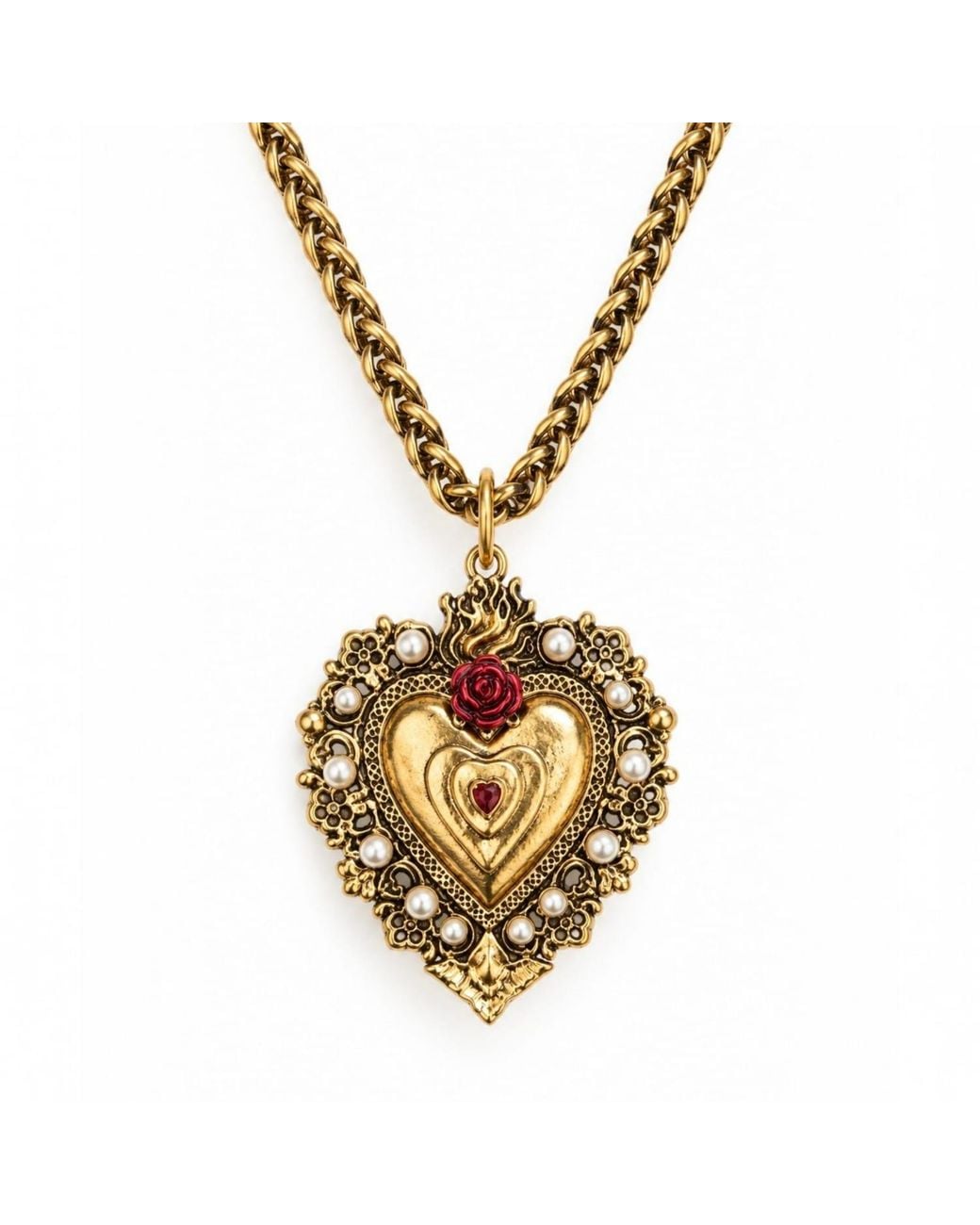 Vstyle Metallic Sacred Heart Rose Pearl Necklace