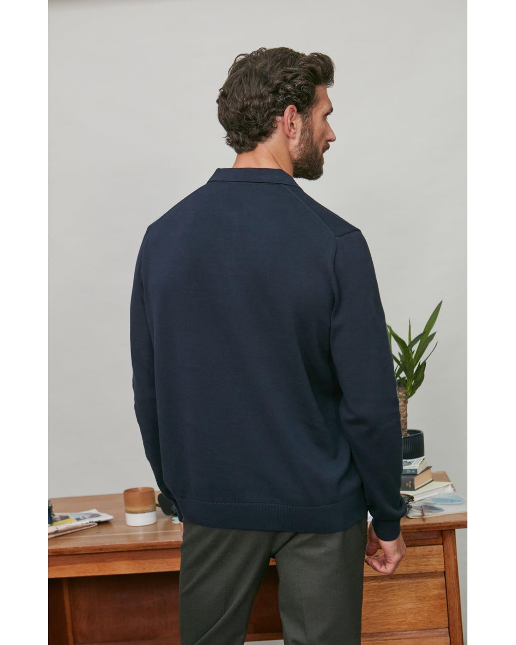 Paul James Knitwear Blue Lightweight Cotton Lyndon Buttonless Polo Shirt for men