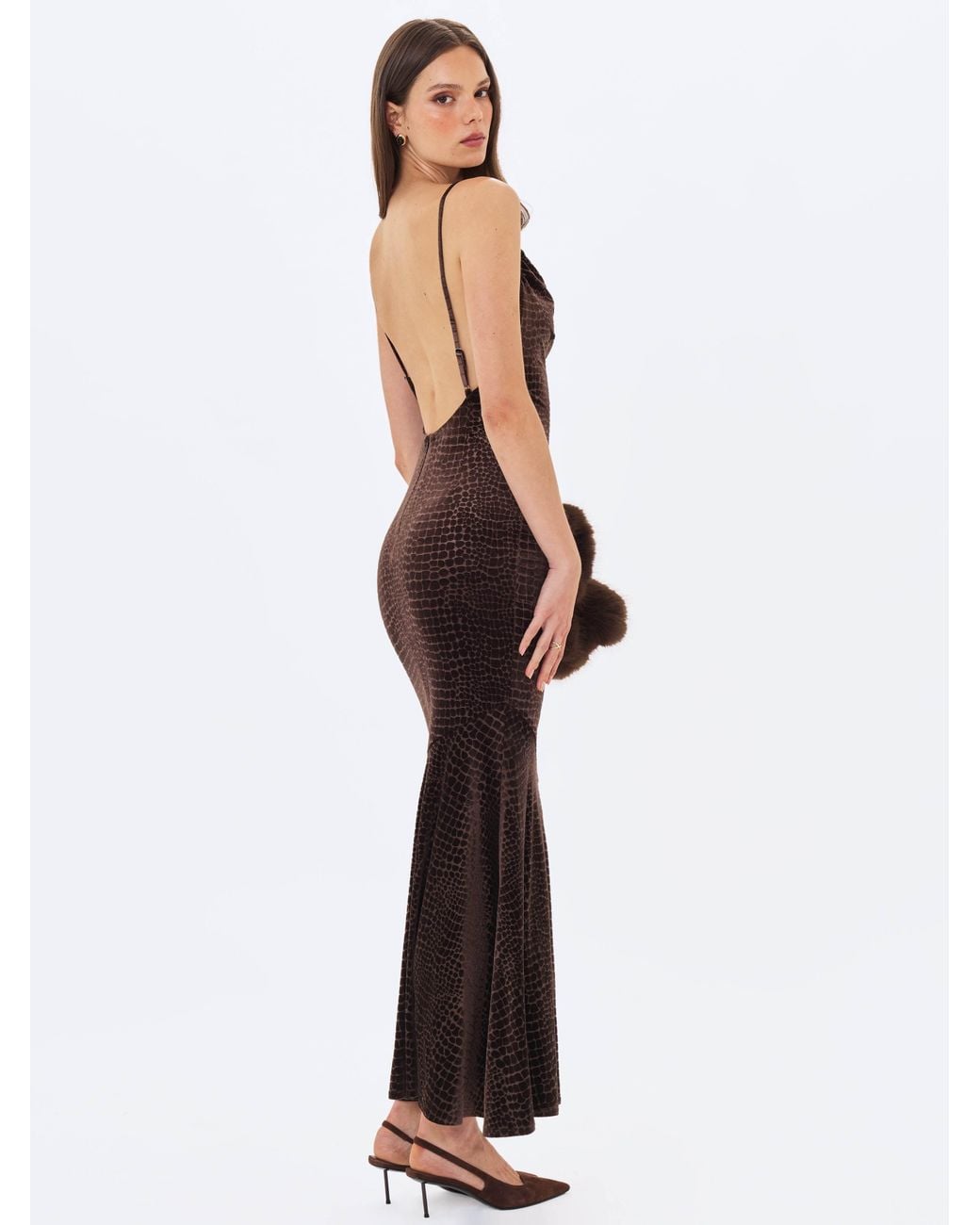 Miss Circle New York White Veronique Croc-Embossed Velvet Cowl Neck Mermaid Maxi Dress