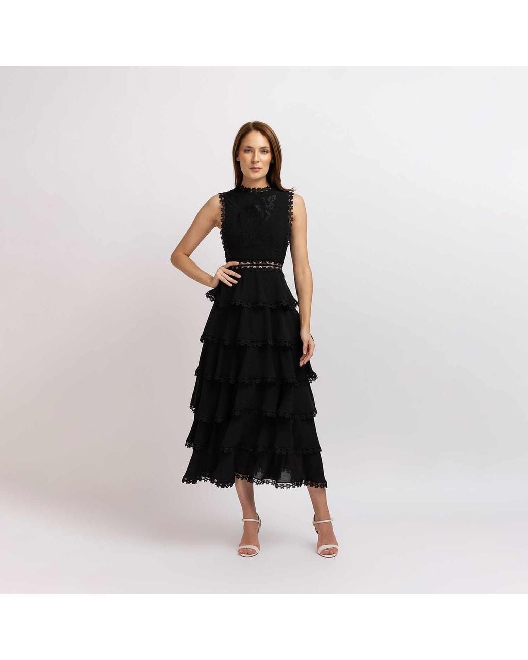 IZABELA MANDOIU Black Viscose Ruffle Midi Dress With Floral Lace