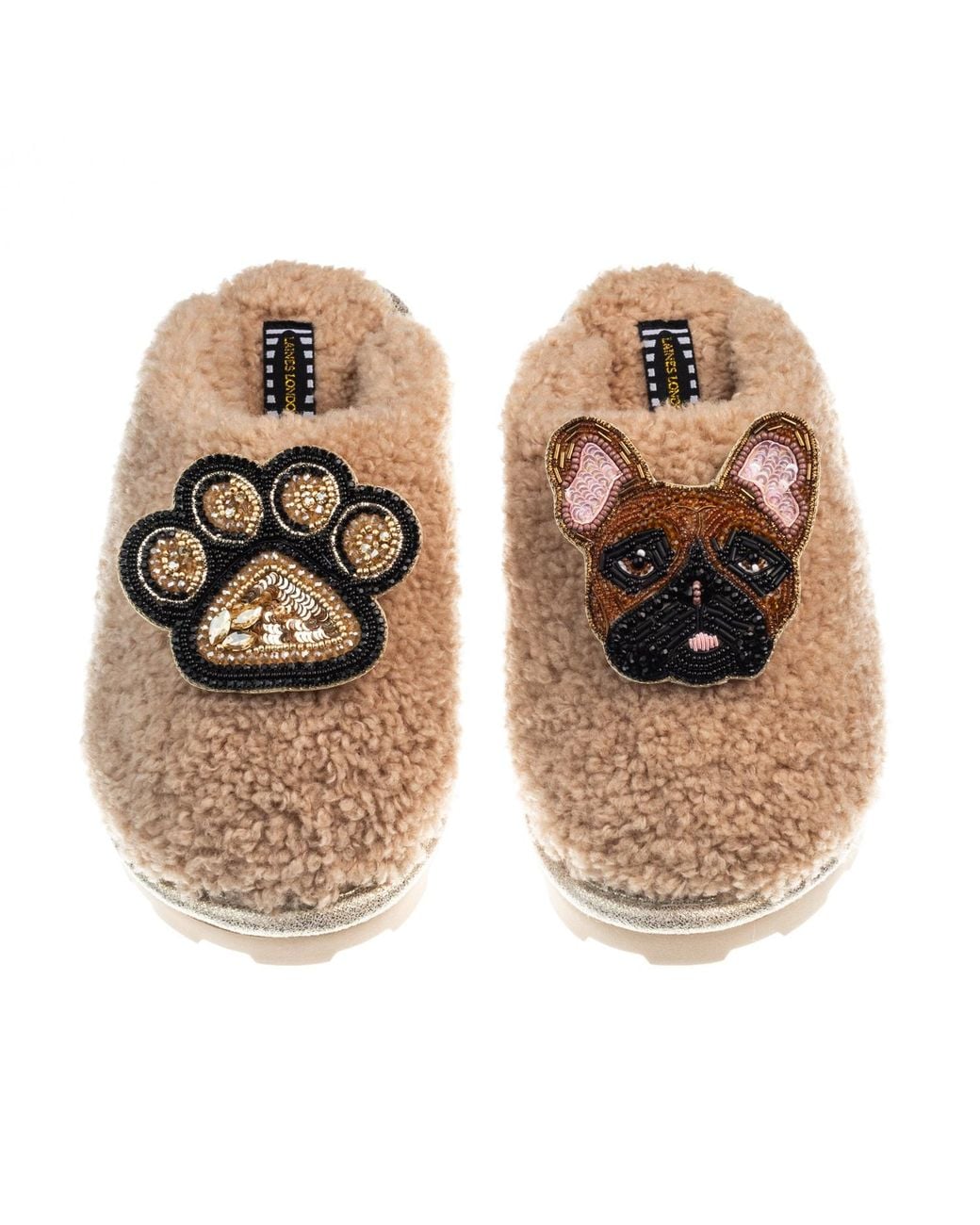 Laines London Metallic Teddy Closed Toe Slippers With Cookie The Frenchie & Paw Brooches