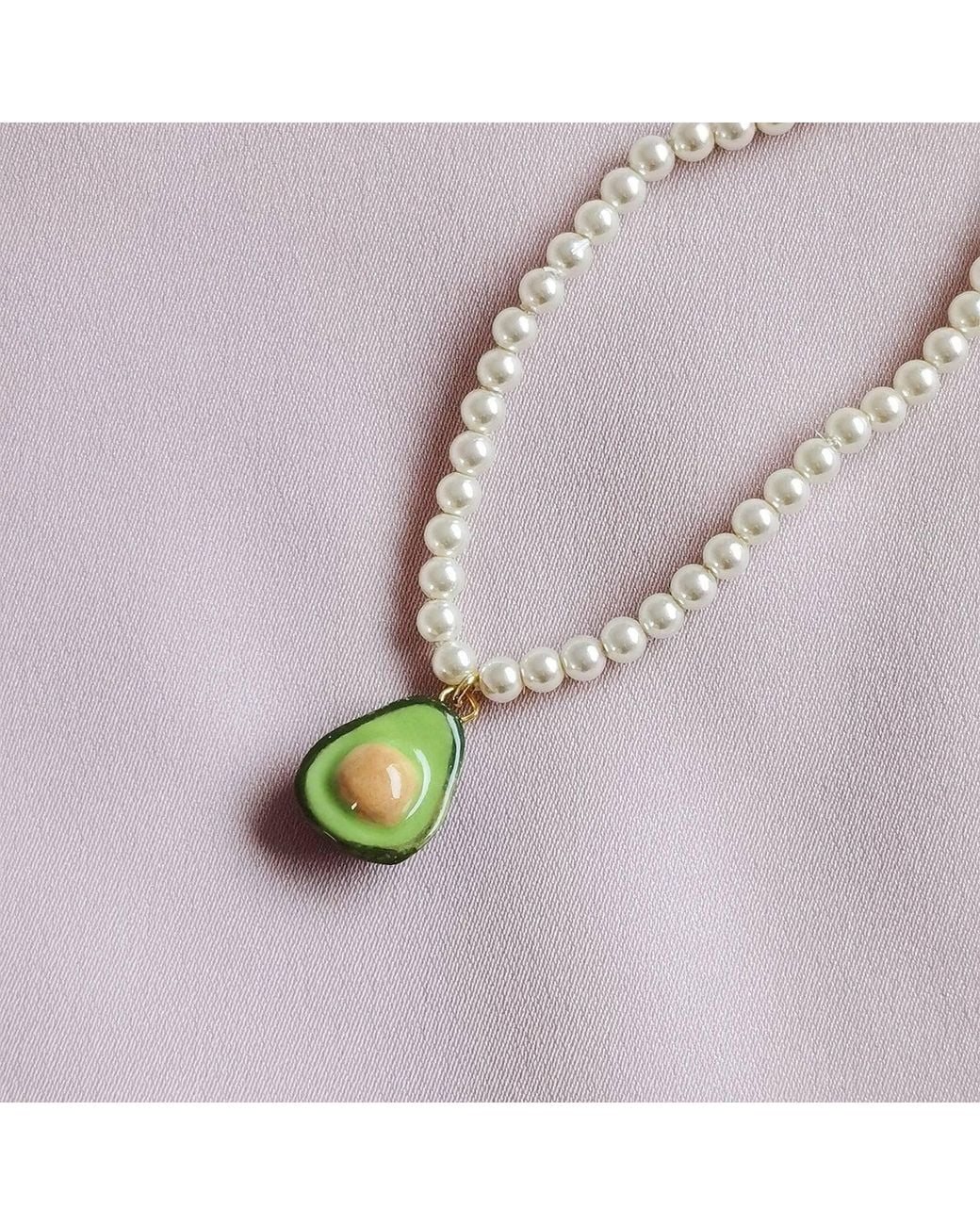 POPORCELAIN Metallic Mini Porcelain Avocado Swarovski Pearl Necklace