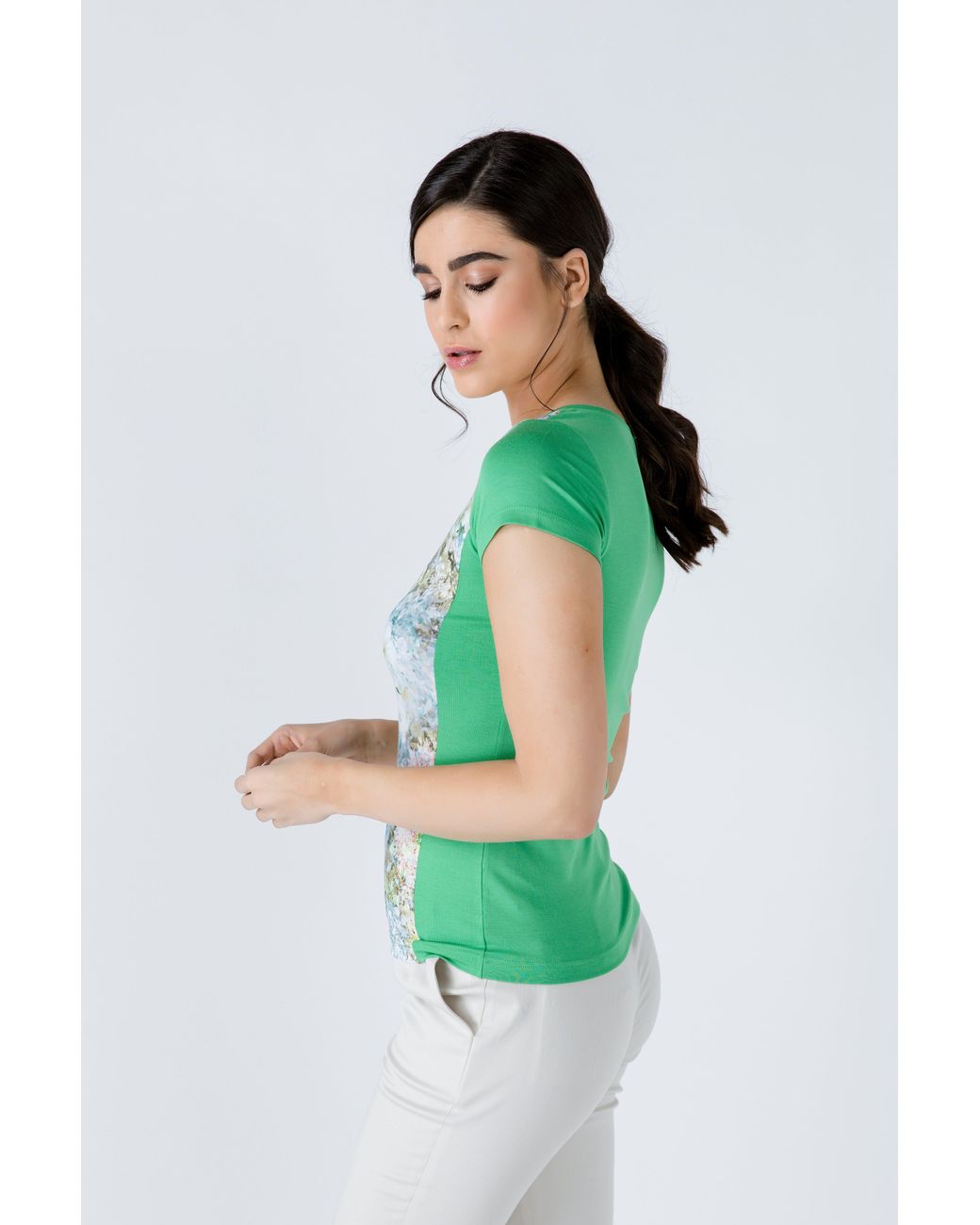 Conquista Green Short Sleeve Floral Print Top