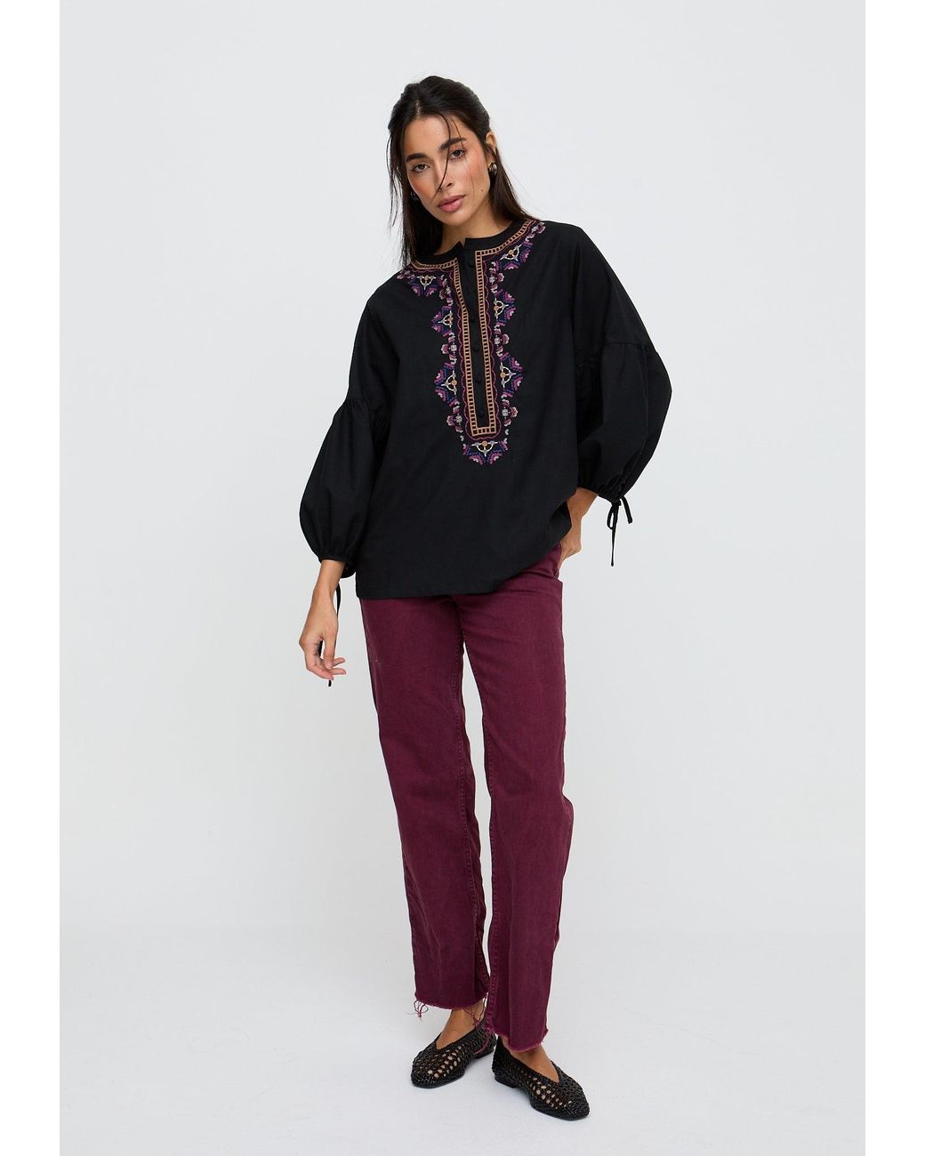 Raffya Black Anai Half Placket Embroidered Blouse