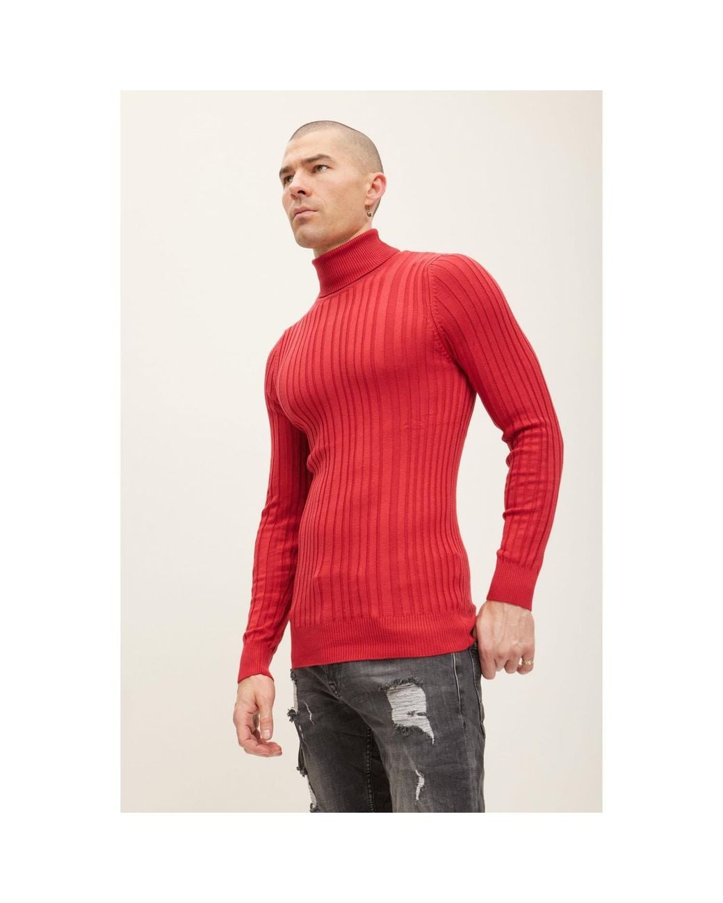 Ron Tomson Red Roll Neck Ribbed Sweater for men