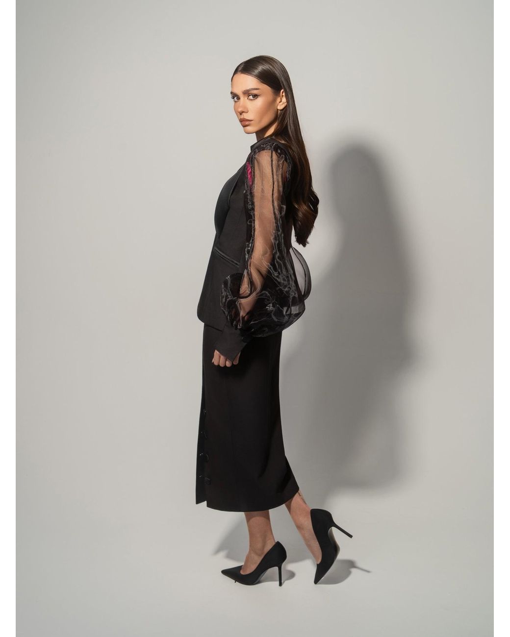 Tia Dorraine Black Femme Fatale Tailored Blazer With Organza Sleeves & Skirt Set