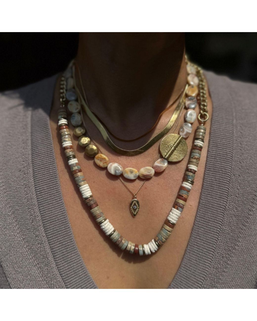 Rachel Nathan Metallic Neutrals Snakeskin Jasper & Lava Rock Heishi Necklace