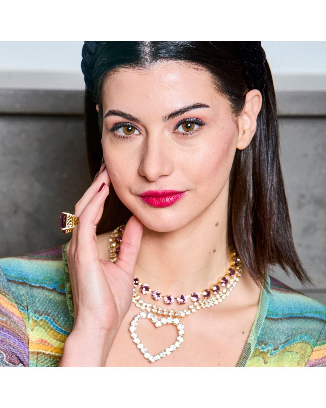 Laura Gray Metallic Diamond Crystal Heart Necklace