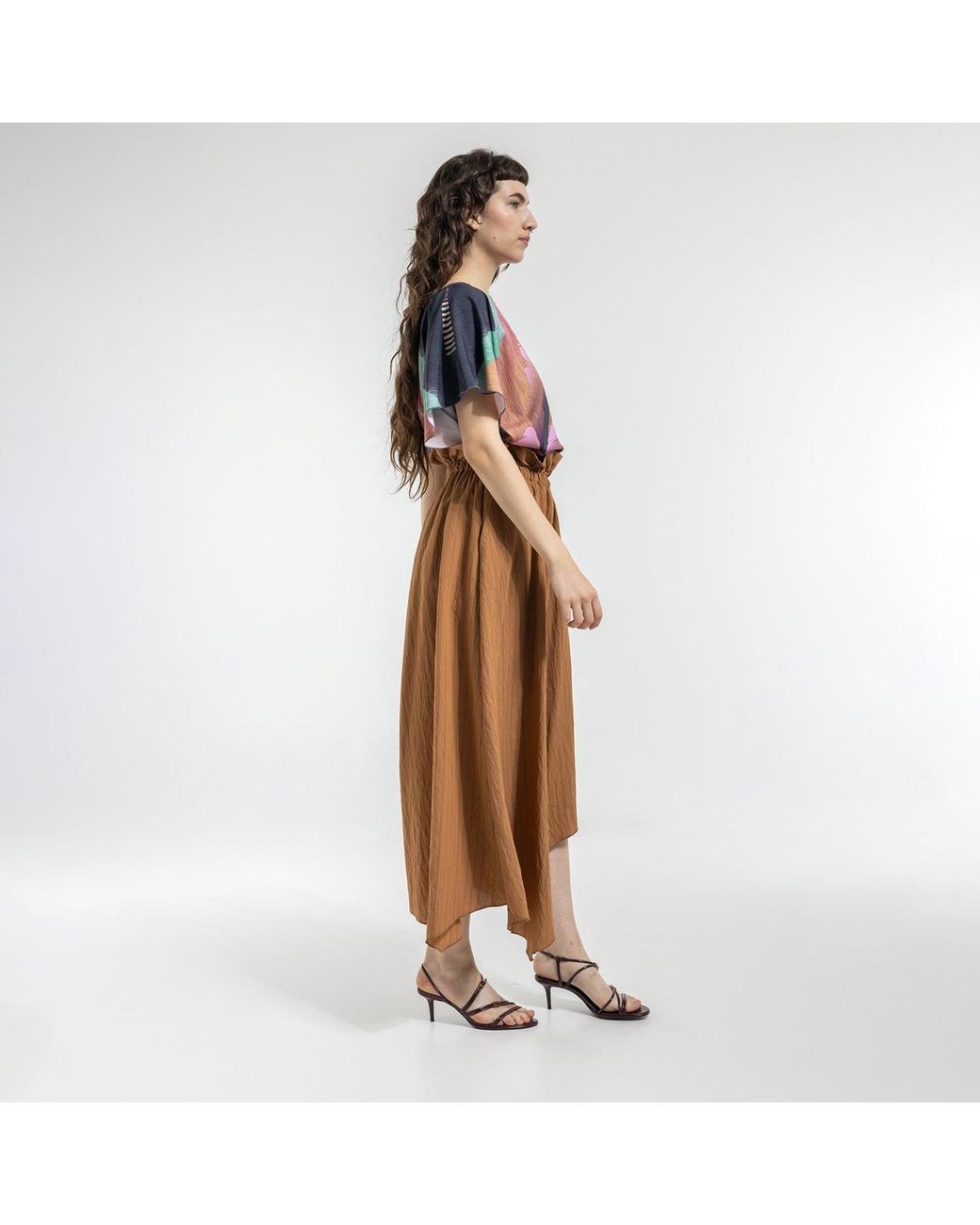 ARTISTA Brown Move Asymmetric Midi Skirt