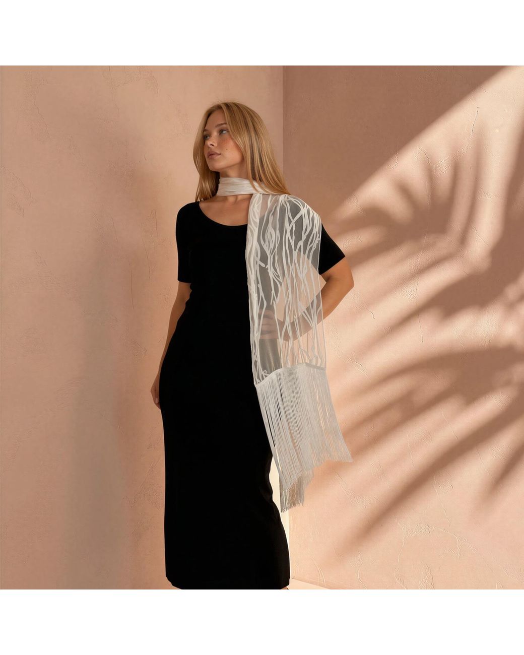 Maryell Gray Silk Dévoré Waves Satin Scarf With Long Fringe, Gift