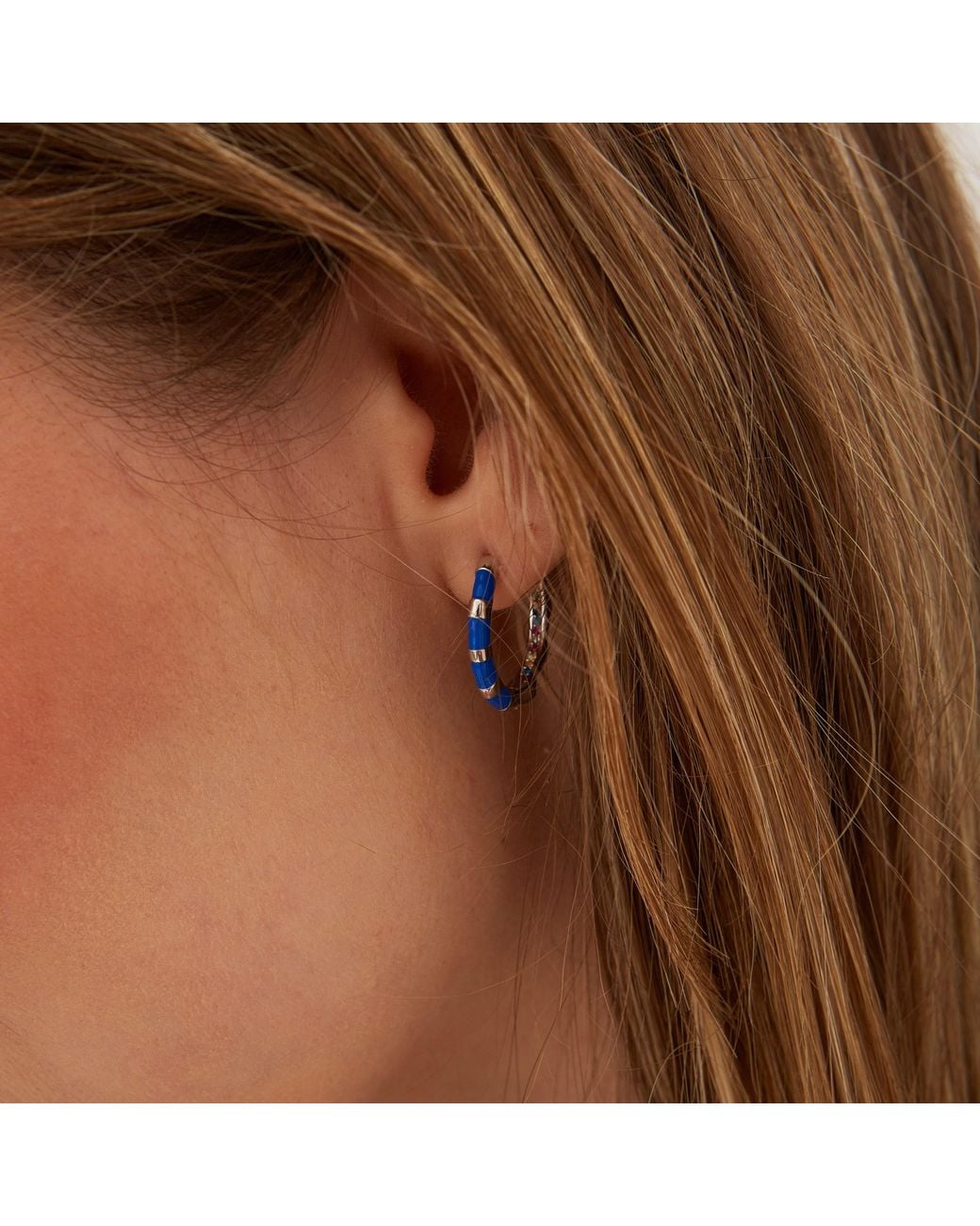 Spero London Blue Enamel Fine Stripe Sterling Hoop Earrings With Multi Color Zirconia Interior