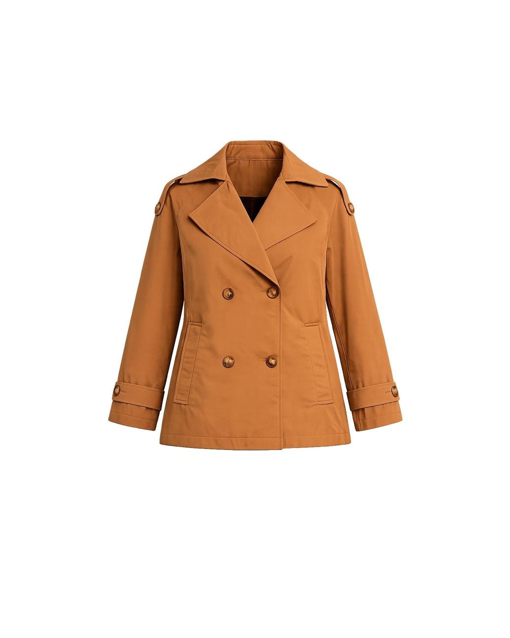 Tantra Spain Sl Brown Neutrals Short Quilted Trench Coat With Double-Breasted Buttons, Side Pockets, And Flared Back Camel