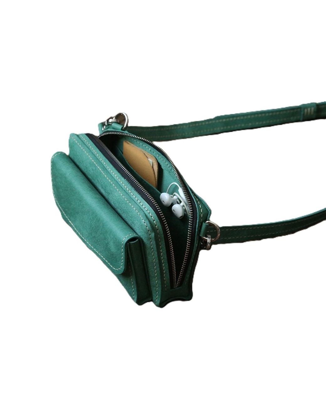 Springmoonatelier Green Handmade Aqua Leather Crossbody Bag