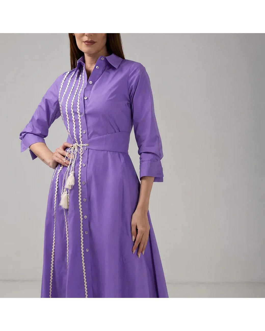 IZABELA MANDOIU Purple Premium Cotton Shirt Dress With Contrast Ric Rac Detailing & Tassel Waist Tie