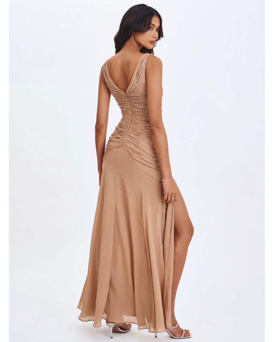 Miss Circle New York Brown Neutrals Viveca Apricot Crystal-Embellished Asymmetrical Ruched Maxi Dress