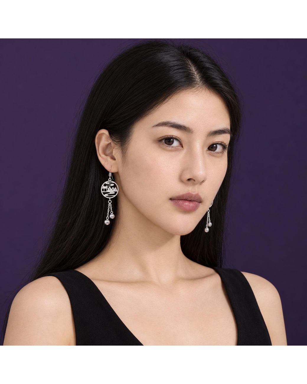 Yieon White Ink Landscape Fine Filigree Tassel Earrings