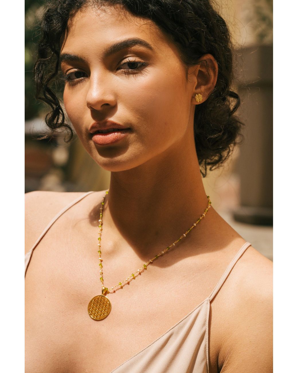 Seven Saints Metallic Divine Life Force Flower Of Life Necklace, Pearl And Peridot