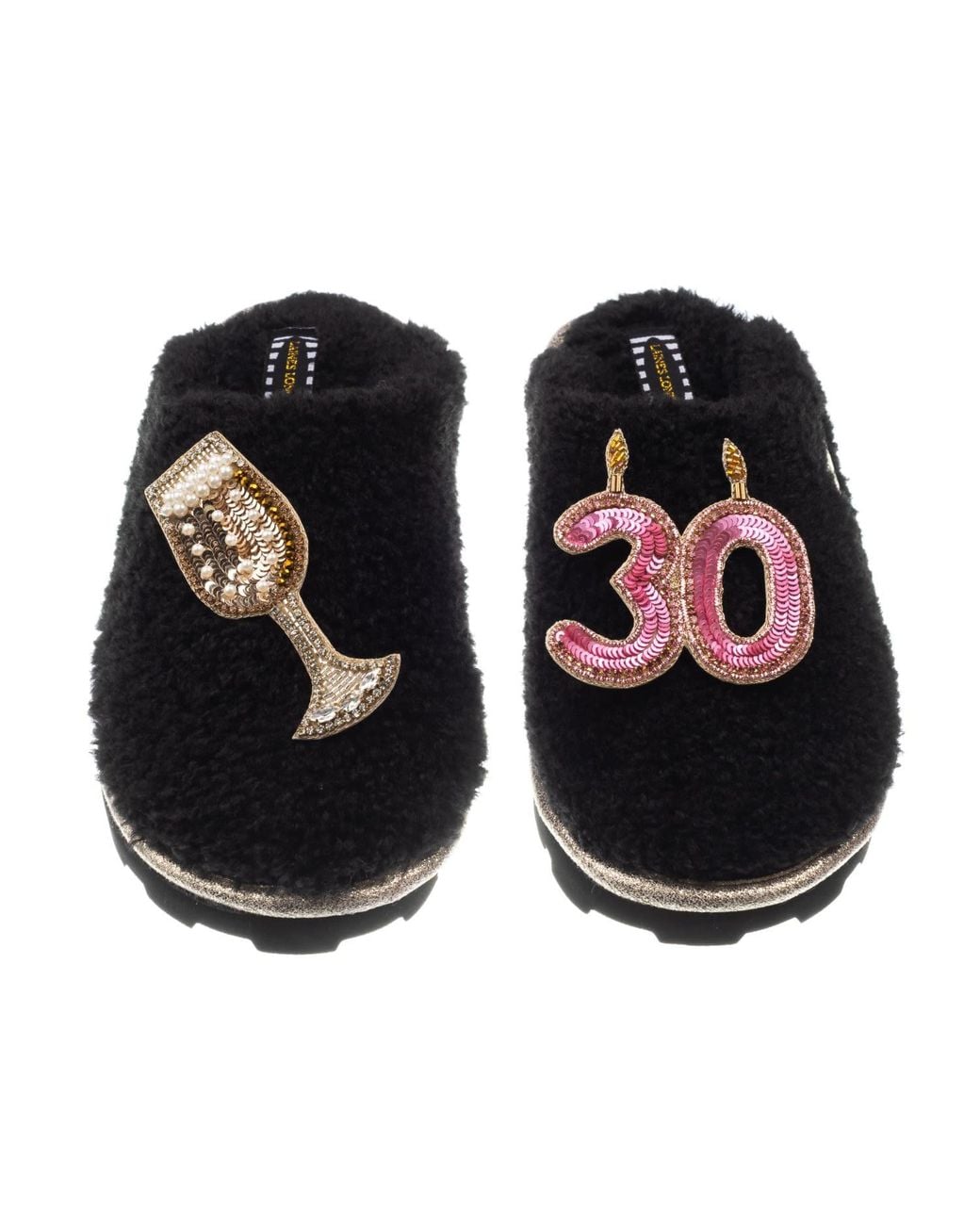Laines London Black Teddy Closed Toe Slippers With 30Th Birthday & Champagne Glass Brooches