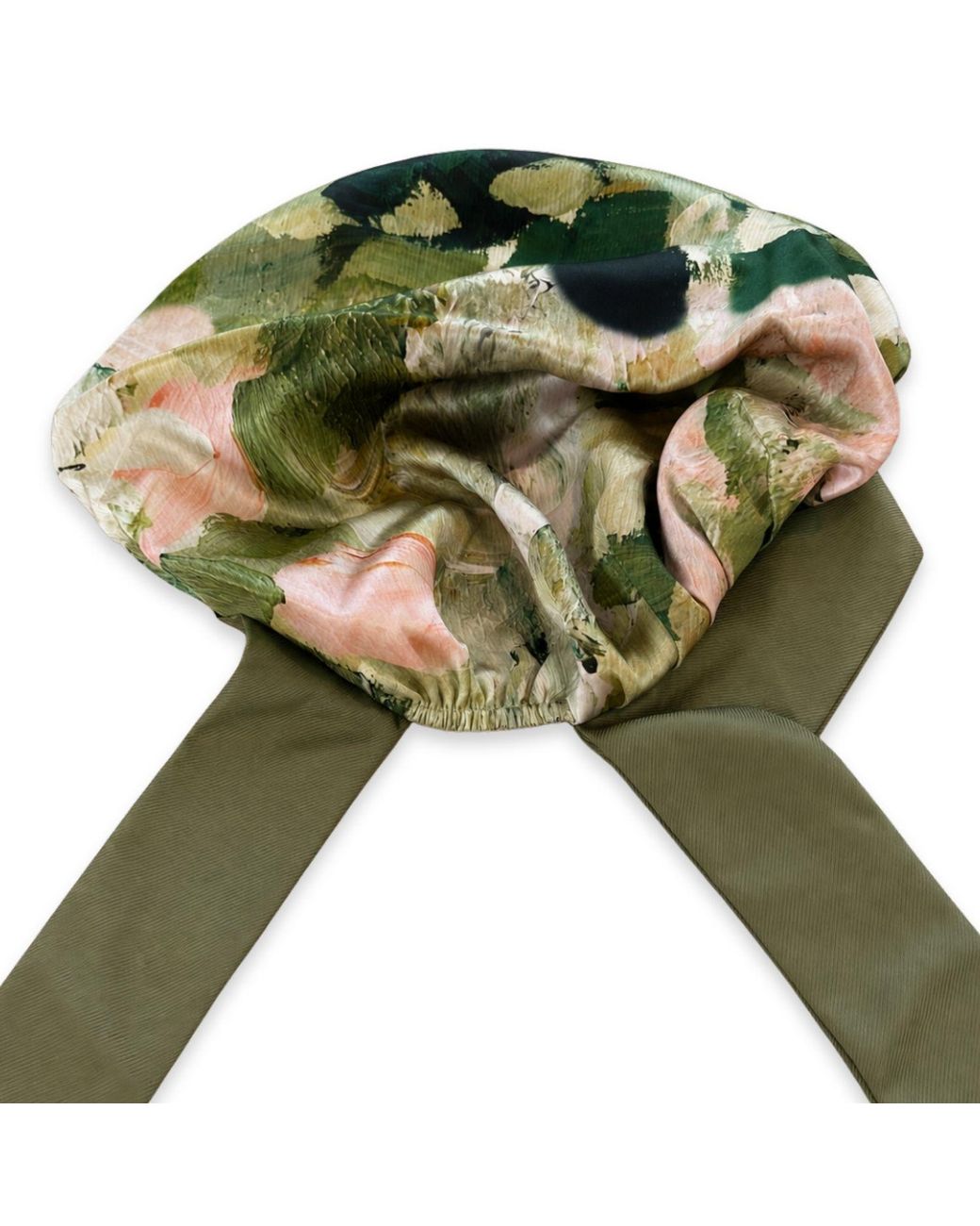 Hi Silk Green Patterned Adjustable And Reversible Mulberry Silk Bonnet With Silk Twill Tie