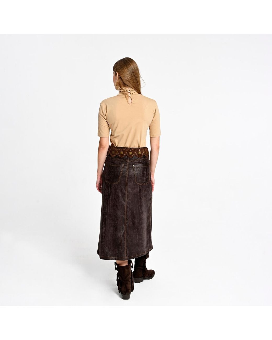 Lalipop Design Gray Ruffled Front Vegan Leather Midi Skirt