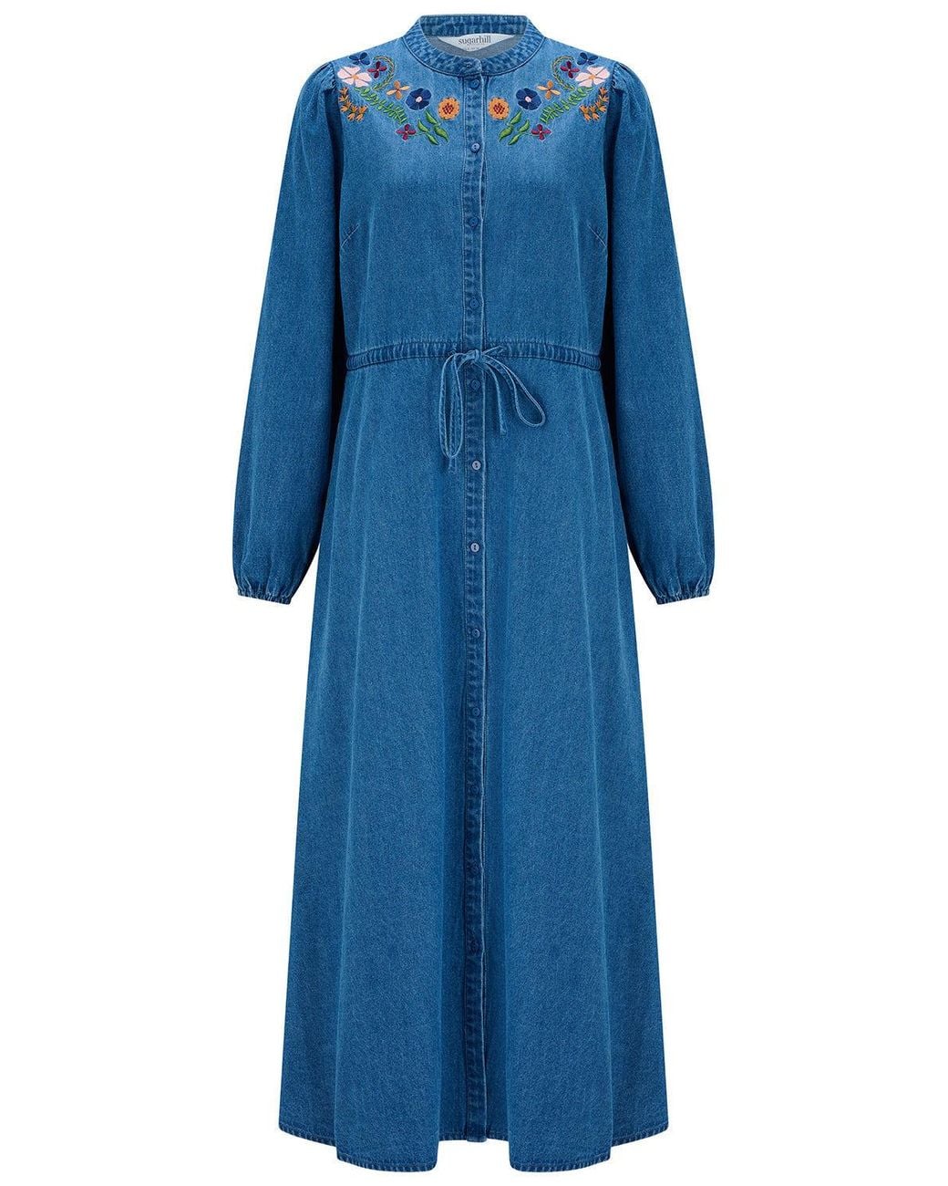 Sugarhill Blue Ivana Denim Midi Shirt Dress Floral Embroidery