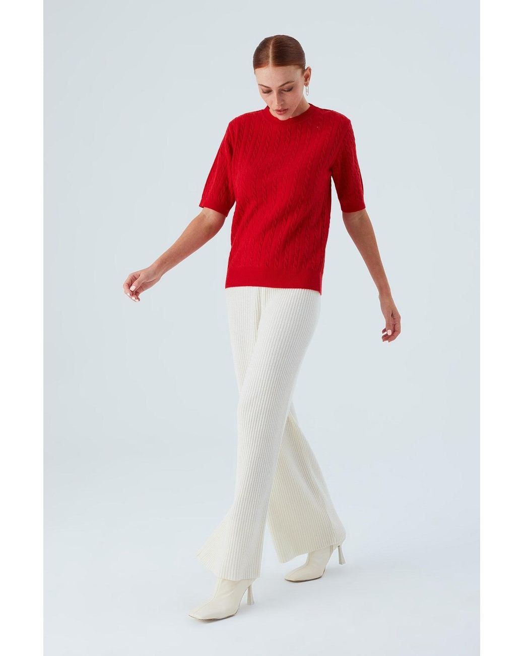 Peraluna Red Nicole Cable Knit Cashmere Blend Short Sleeve Blouse