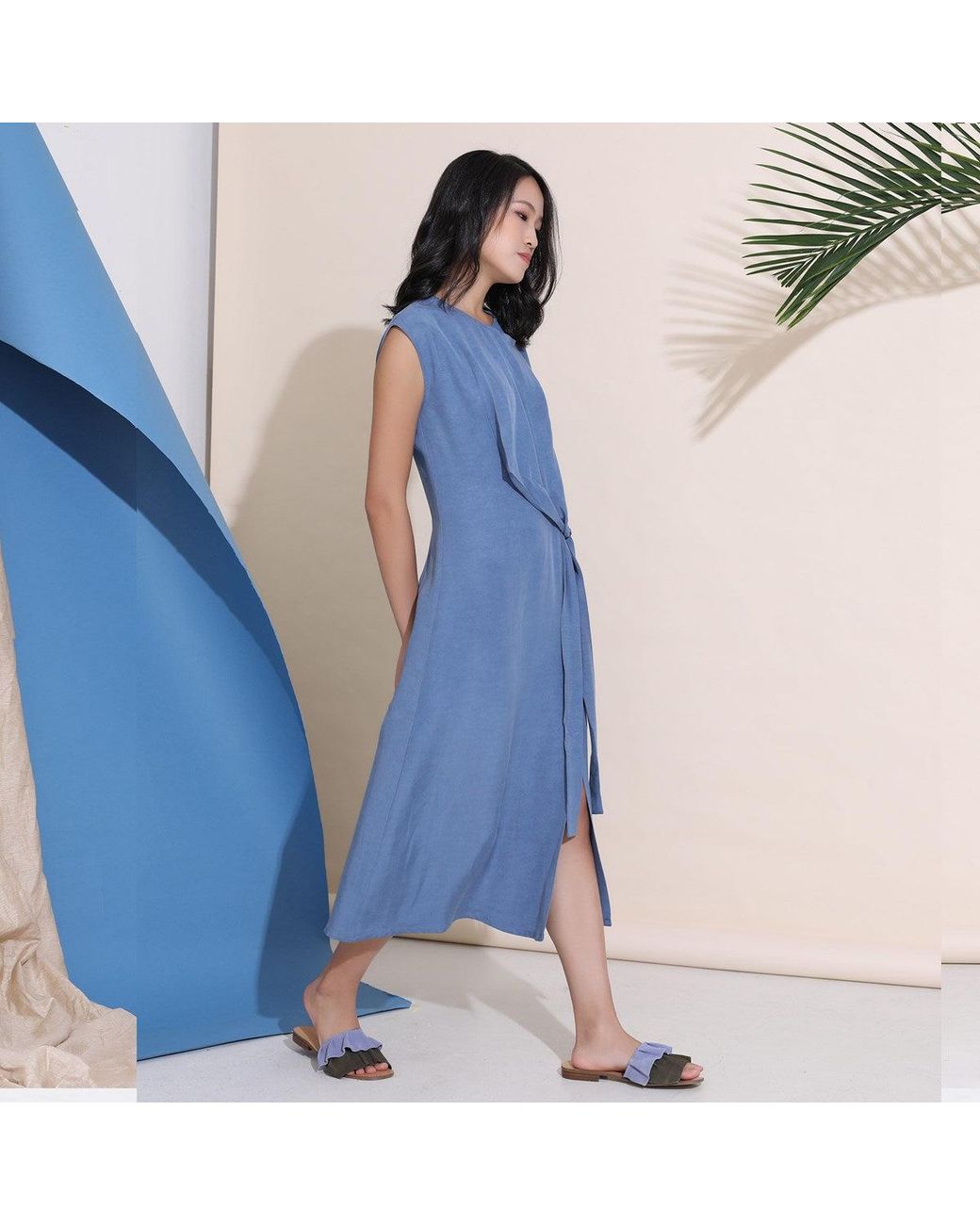 Smart and Joy Blue Cupro Draped Side Tie Midi Dress