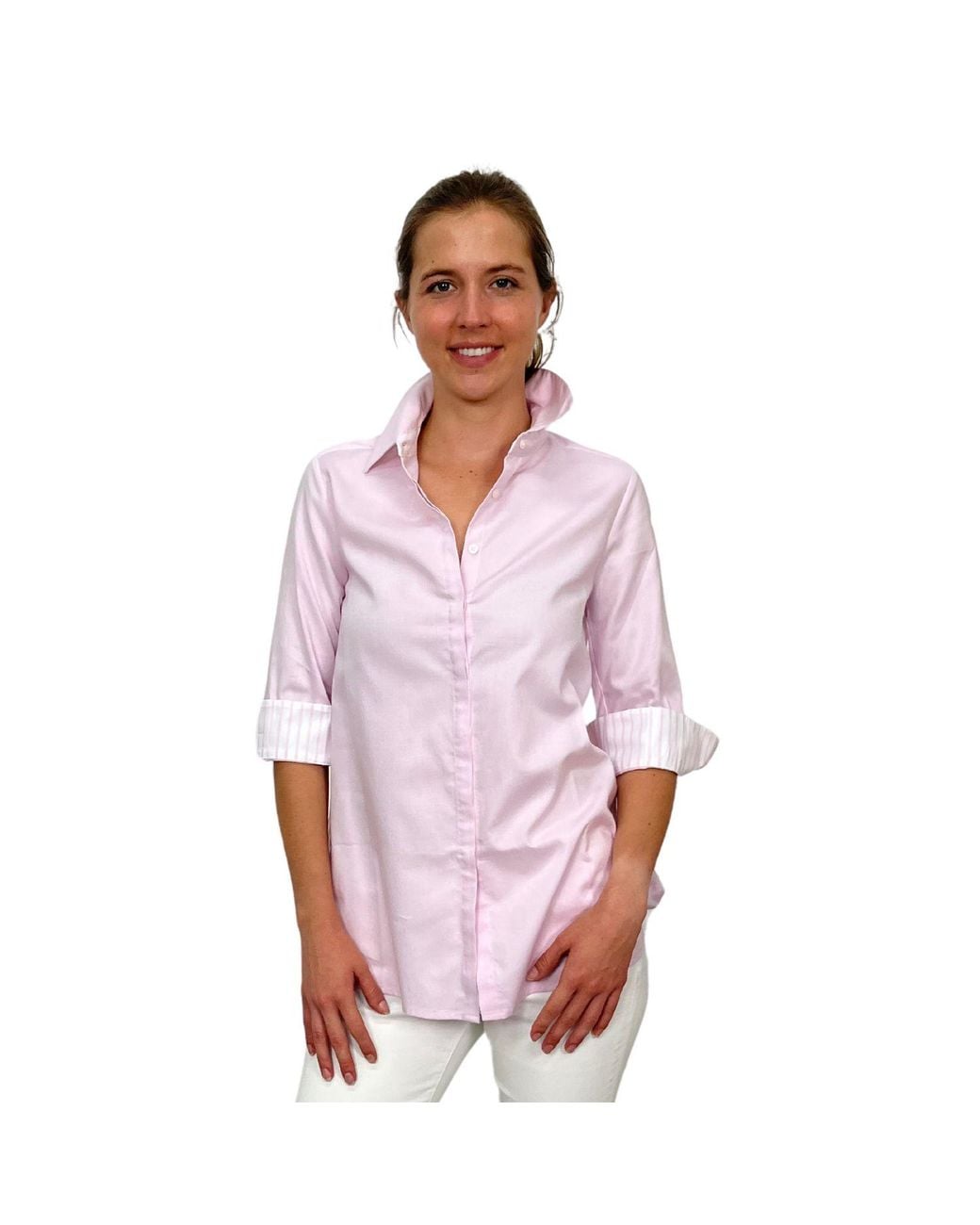Perlavera Purple Sam Blush Solid Hidden Placket Three Quarter Sleeve Slim Fit Cotton Oxford Shirt