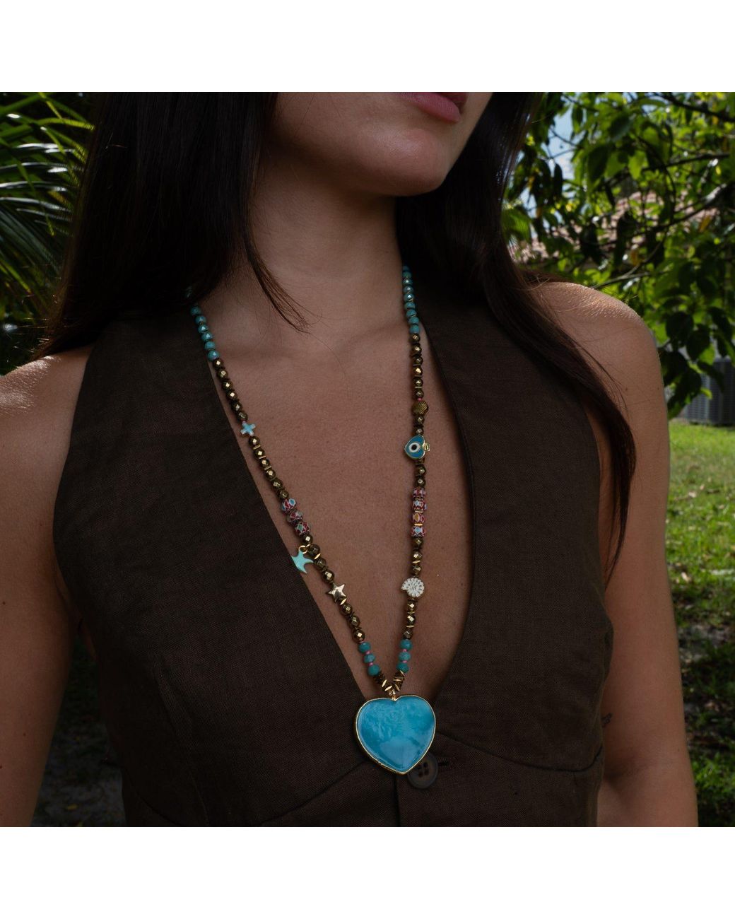 Ebru Jewelry Blue Salt & Sun Heart Beaded Summer Necklace
