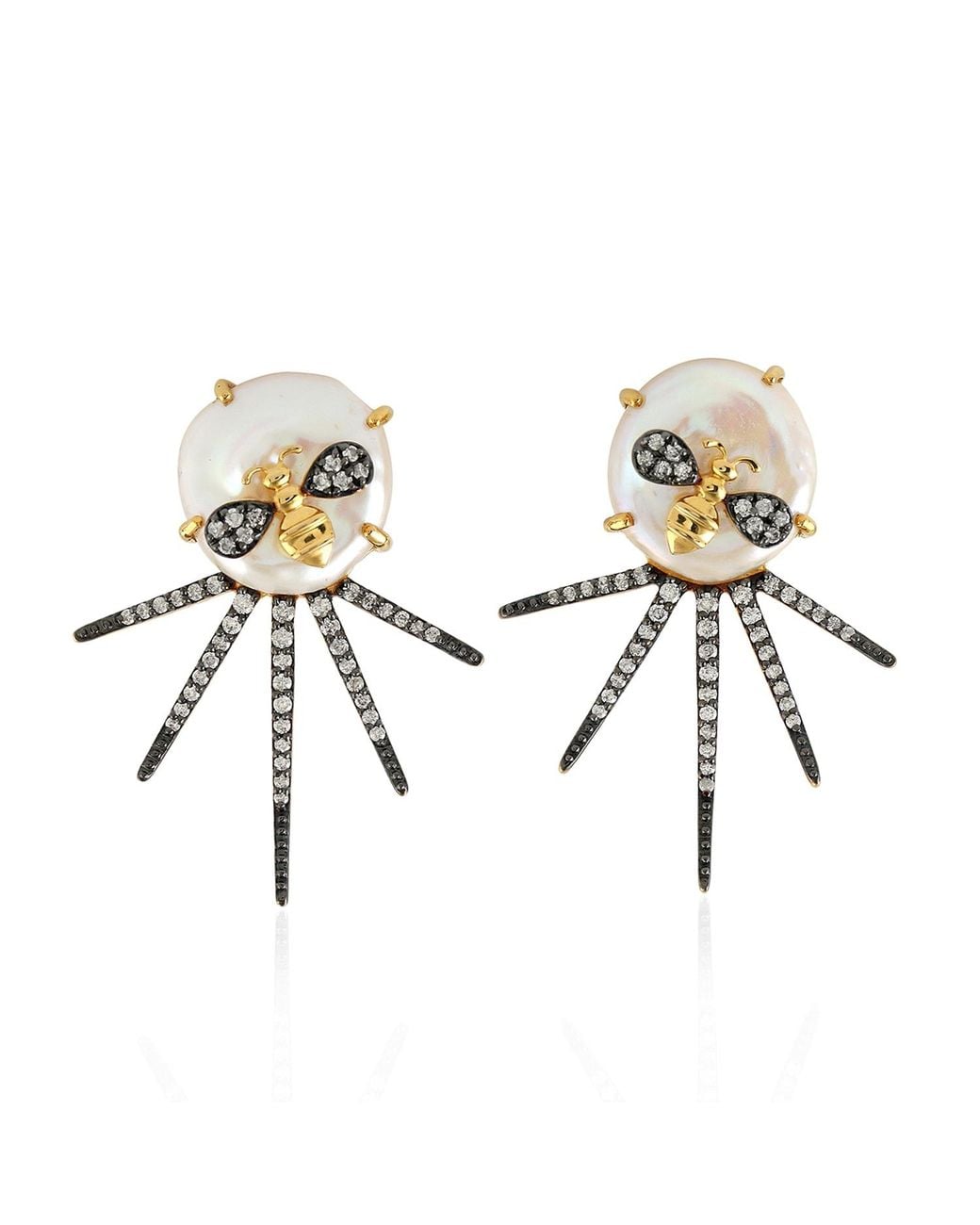Artisan Metallic Butterfly Diamond Natural Pearl Stud Earrings 18k Yellow Gold