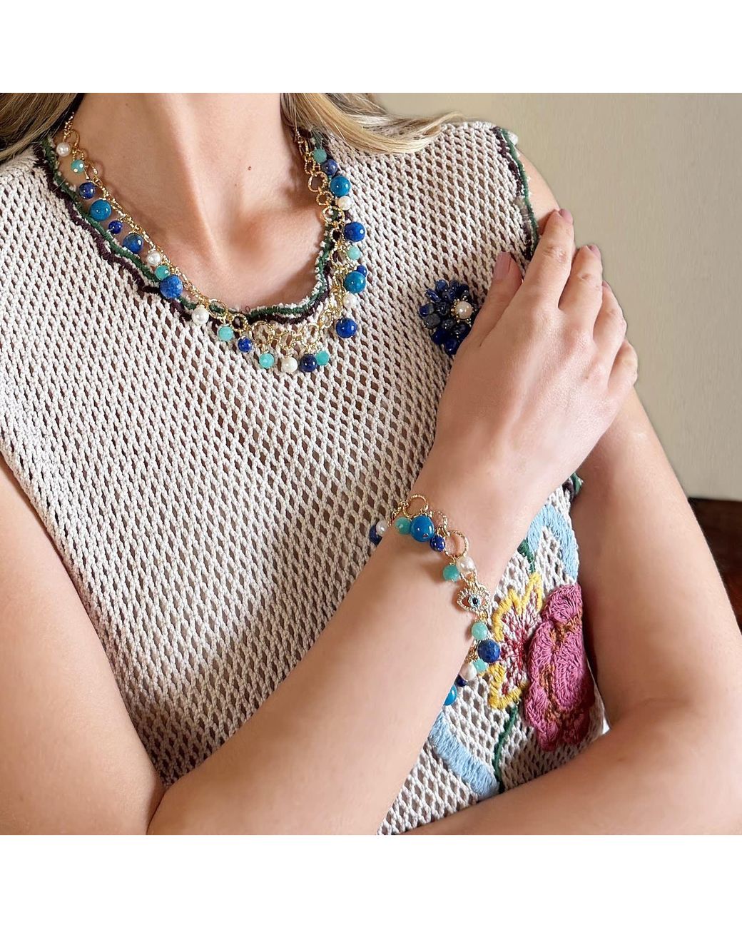 Farra Blue Lapis Lazuli Amazonite And Pearl Turkish Evil Eye Charm Bracelet