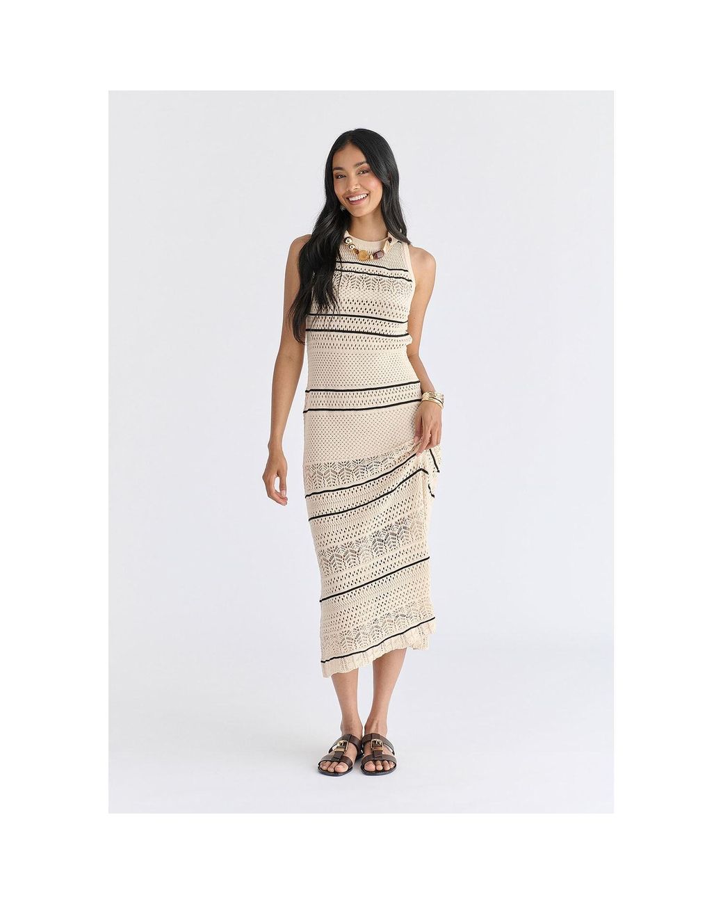 Paisie Natural Neutrals Contrast Detail Pointelle Knitted Dress