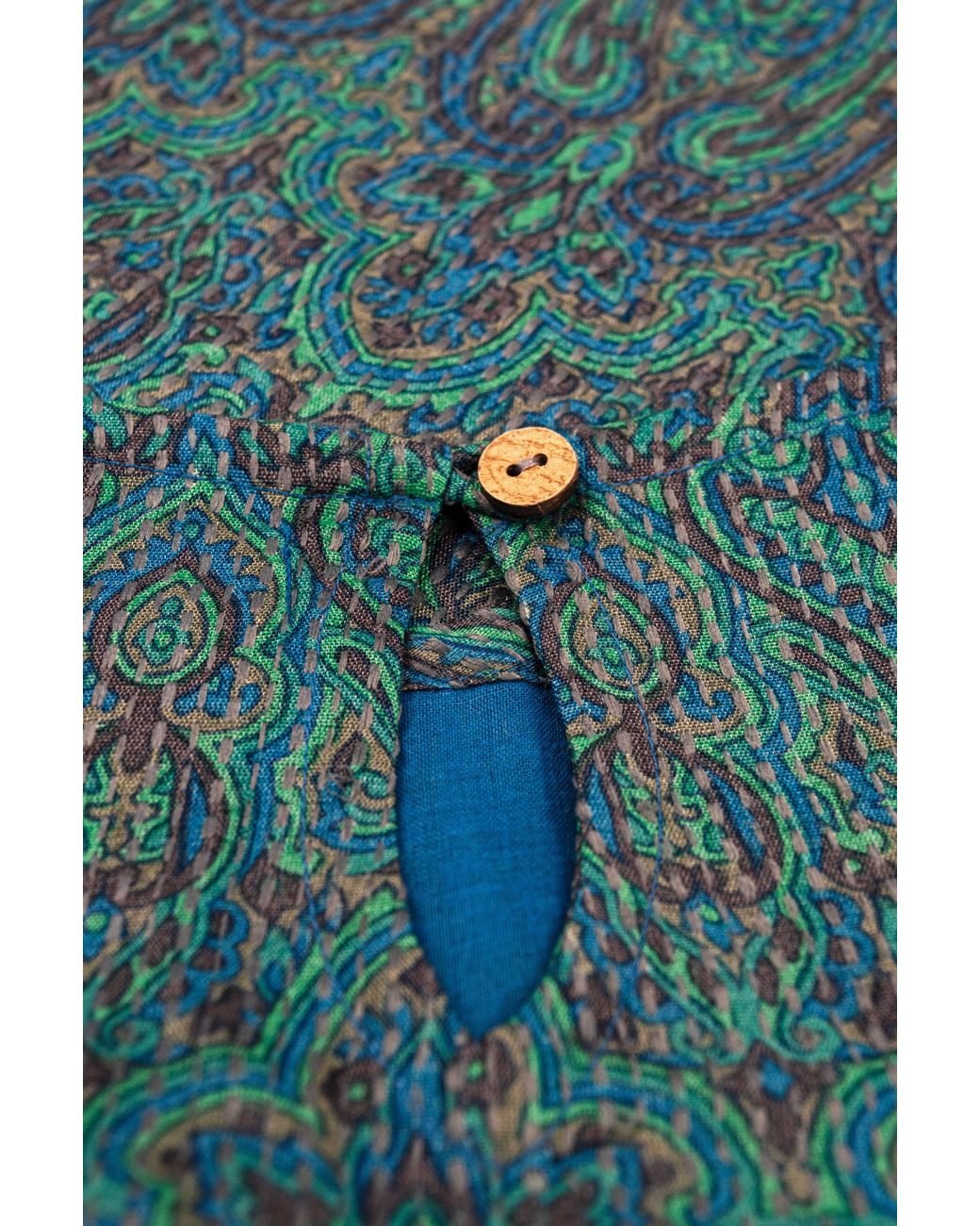 Stovaria Blue Embroidered Pure Tussar Silk Sleeveless Top With Wooden Button