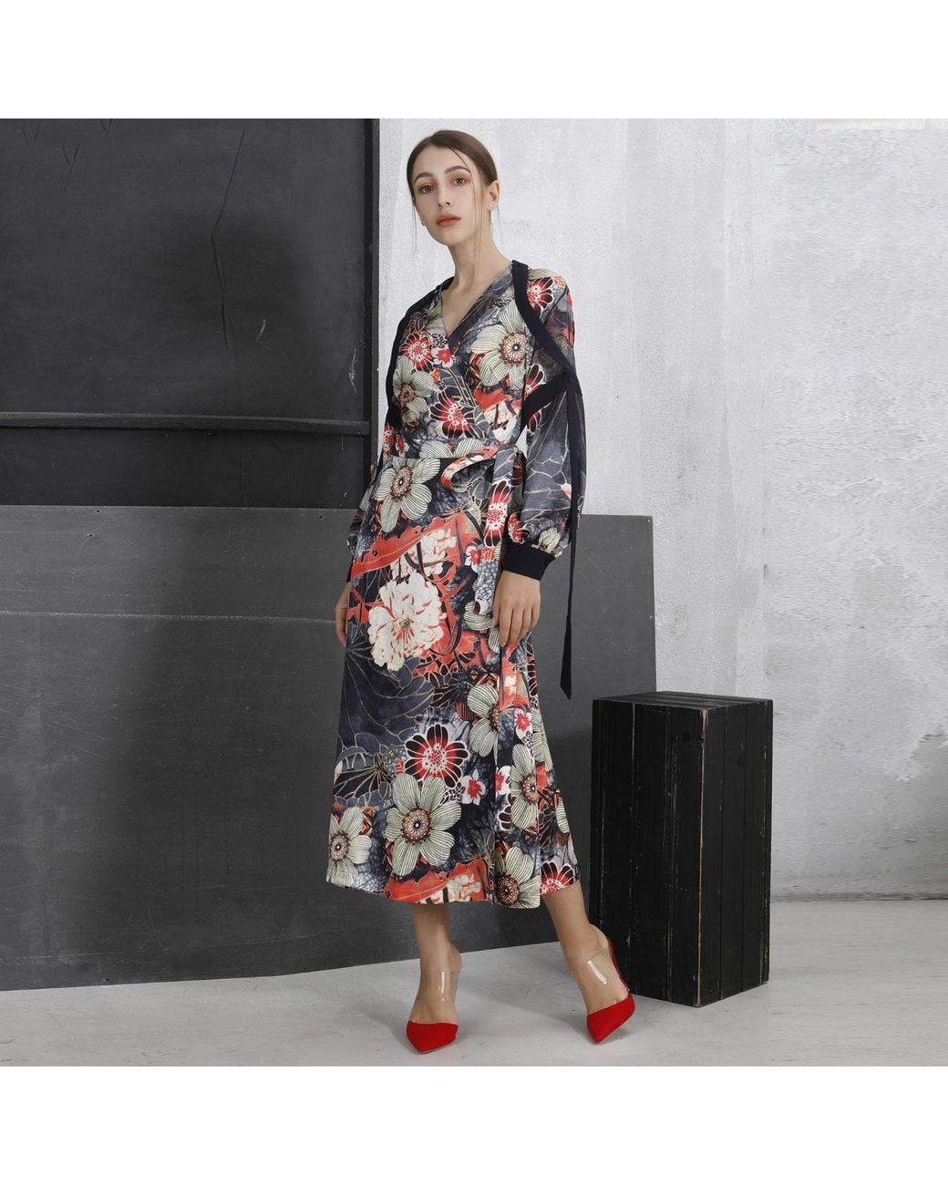 Smart and Joy Red Wrap Dress With Flower Print And Satin Bias